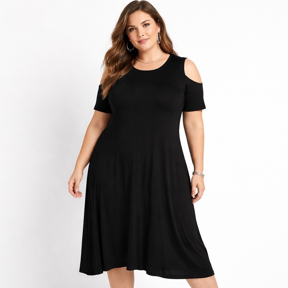 Penningtons Black Maxi Dress Cold Shoulder Elbow Sleeves Stretchy Casual Cruise